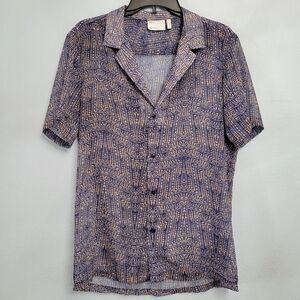 ASOS Design Sheer Button Up Shirt Short Sleeve Blue Pink Abstract Camp Collar MD